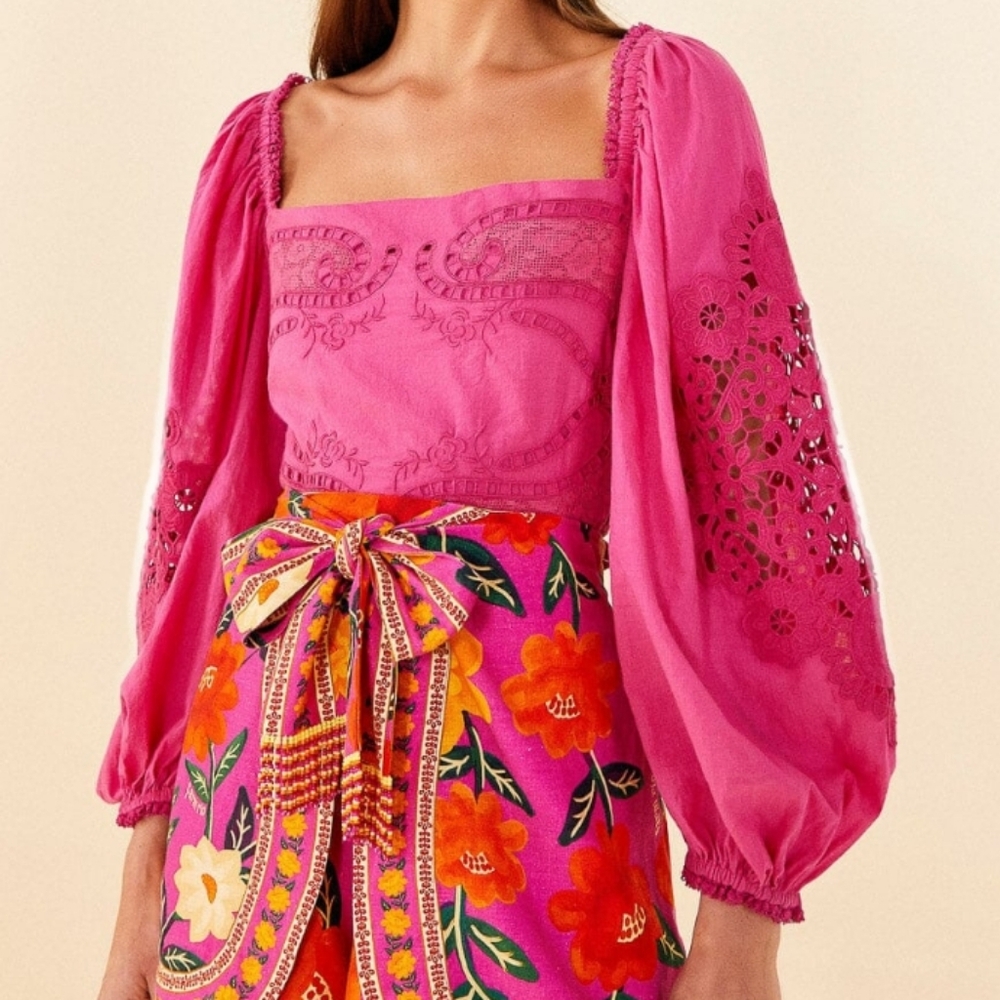 FARM Rio Pink Lace Eyelet Blouse Size XL, NWT